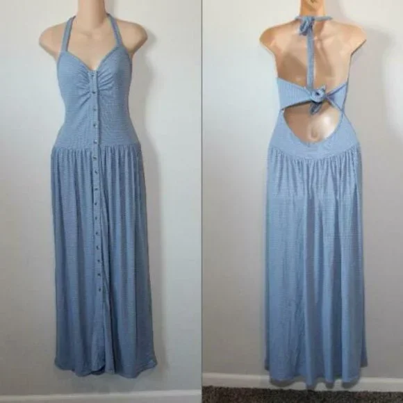 NWT Free People Nina Halter Maxi Dress Button Striped Blue Size Large H12299 - Picture 11 of 12